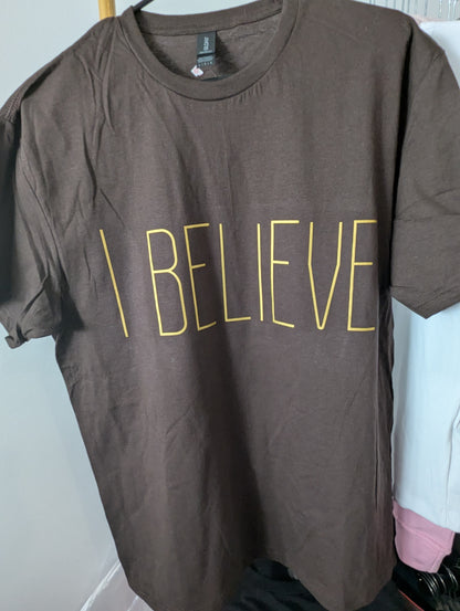 I Believe Christian oversized graphic T-shirts for women, men, boy and girl.