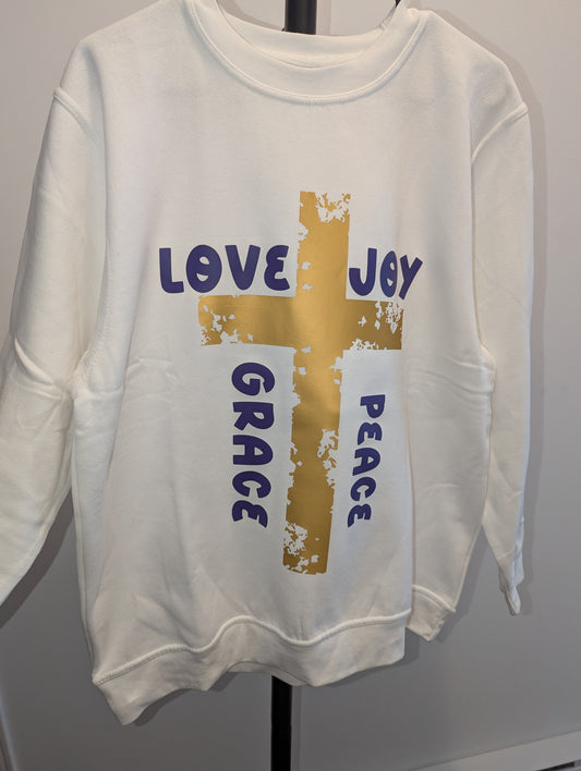 Love Joy Grace Peace cross Sweater, Christian wear, JESUS gear, cross wear. Quality hoodies