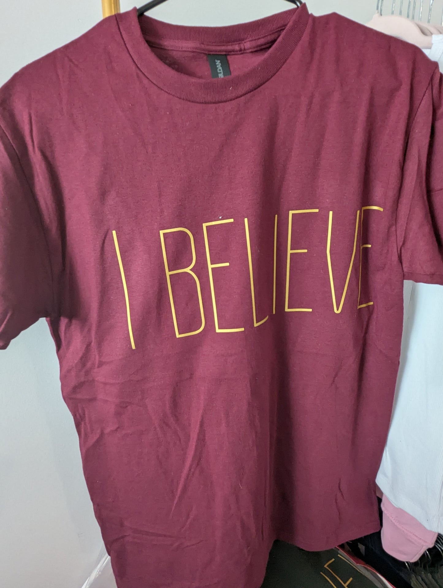 I Believe Christian oversized graphic T-shirts for women, men, boy and girl.