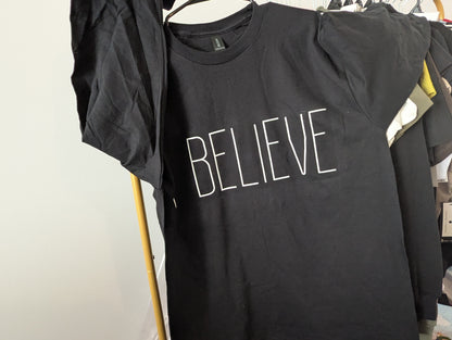 I Believe Christian oversized graphic T-shirts for women, men, boy and girl.
