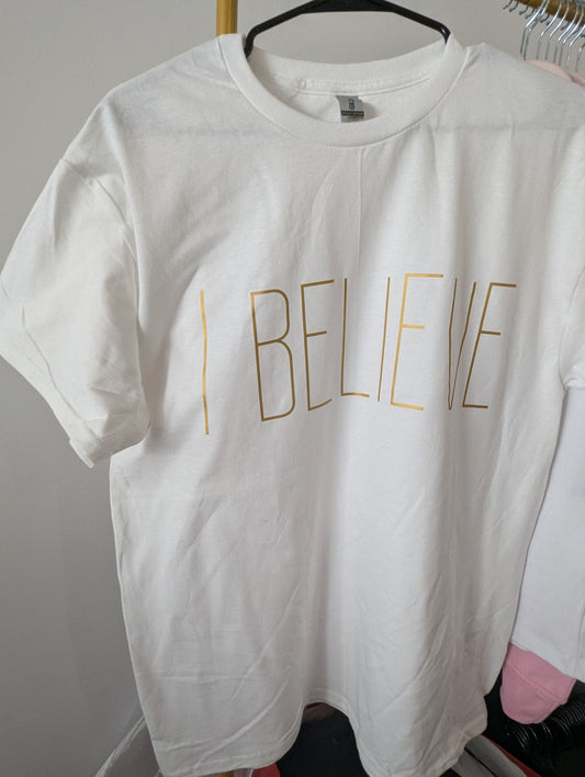 I Believe Christian oversized graphic T-shirts for women, men, boy and girl.