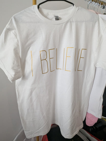 I Believe Christian oversized graphic T-shirts for women, men, boy and girl.